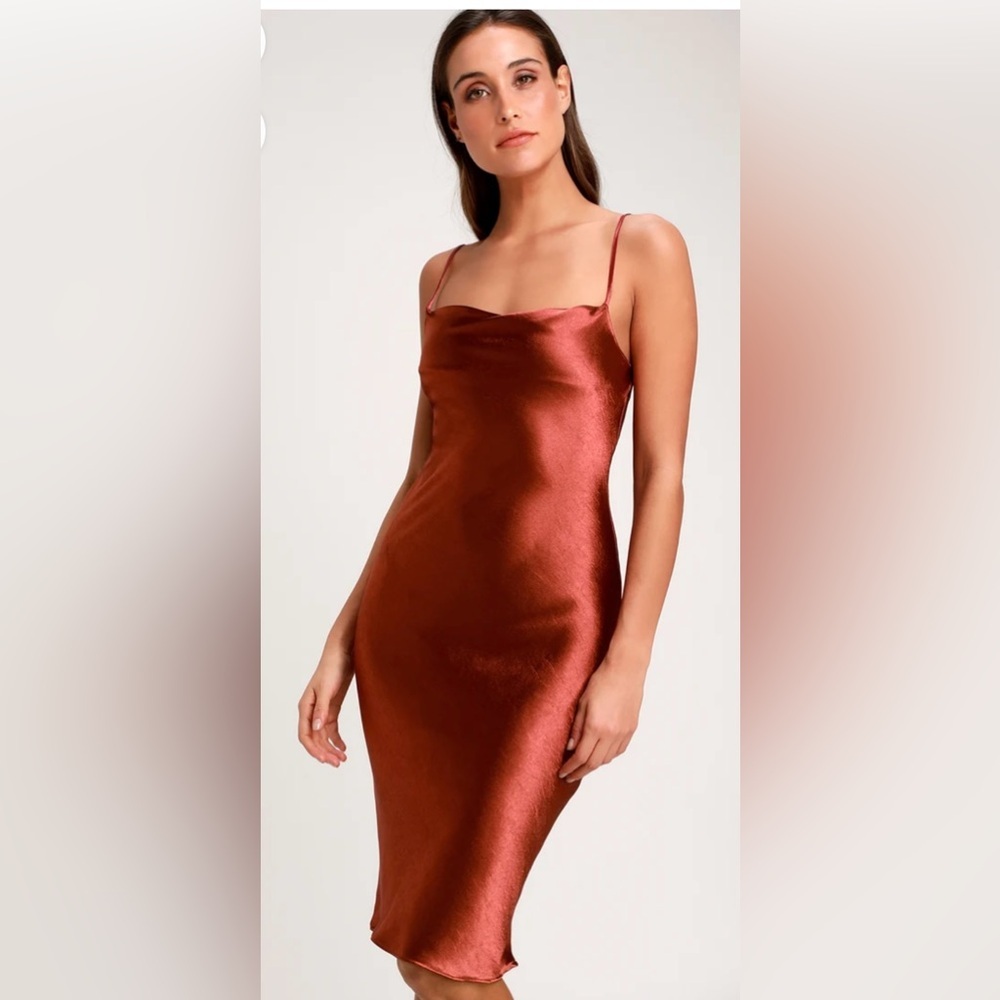 Lulus Brazen Babe Copper Satin Cowl Neck Midi Slip Dress Size Medium